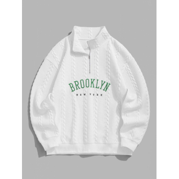 ZAFUL Men's Men's BROOKLYN NEW YORK Letter Embroidered Cable Textured Quarter Zip Design Pullover Sweatshirt L White