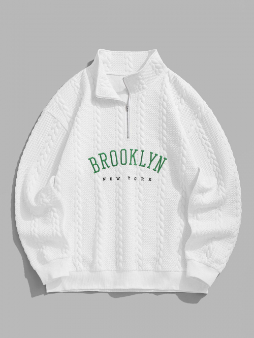 ZAFUL Men's Men's BROOKLYN NEW YORK Letter Embroidered Cable Textured Quarter Zip Design Pullover Sweatshirt L White