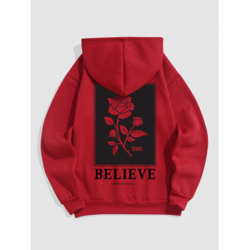 ZAFUL Men's Men's BELIEVE Rose Pattern Thermal Fleece-lined Kangaroo Pocket Pullover Hoodie 2xl Red