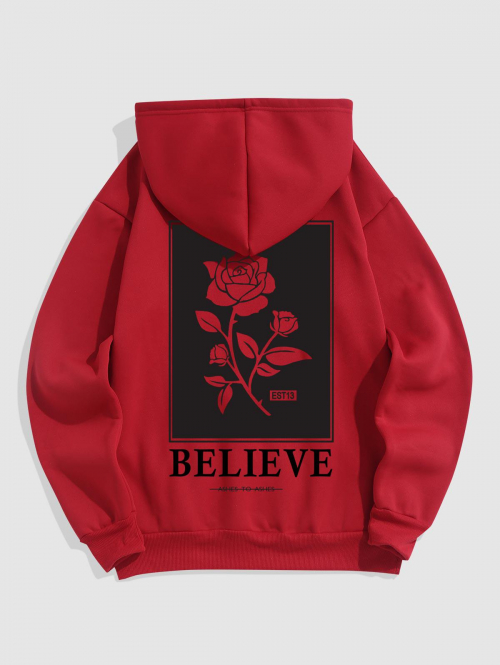 ZAFUL Men's Men's BELIEVE Rose Pattern Thermal Fleece-lined Kangaroo Pocket Pullover Hoodie 2xl Red