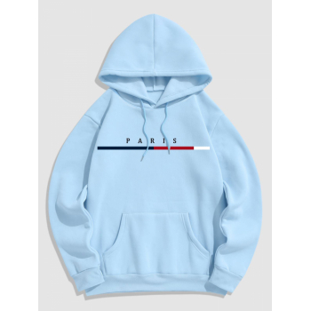 ZAFUL Men's Men's PARIS Pattern Fuzzy Fleece-lined Kangaroo Pocket Design Pullover Hoodie L Light blue