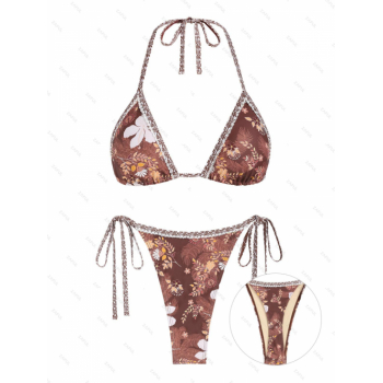 ZAFUL Women's Ethnic Floral Leaf Print Lace Insert Triangle Halter Tie Side String Thong Bikini Set Matching Two Piece Swimwear M Deep coffee