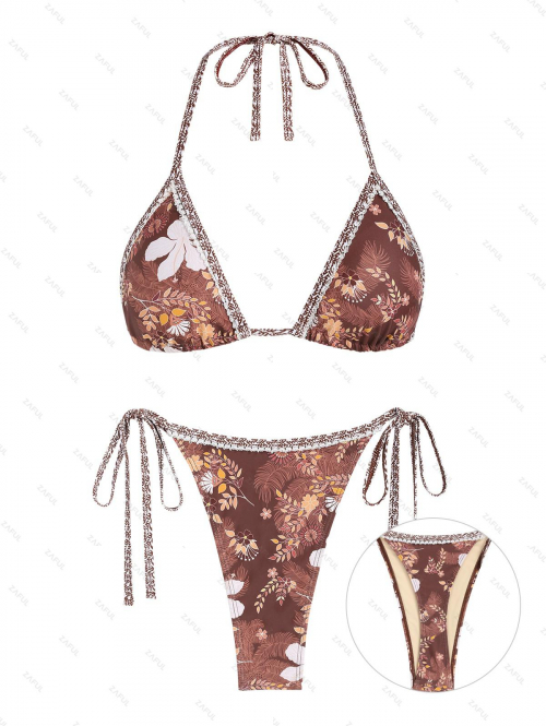 ZAFUL Women's Ethnic Floral Leaf Print Lace Insert Triangle Halter Tie Side String Thong Bikini Set Matching Two Piece Swimwear M Deep coffee