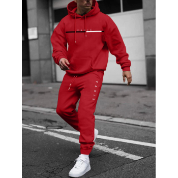 ZAFUL Men's Men's PARIS Letter Pattern Fuzzy Fleece-lined Kangaroo Pocket Design Pullover Hoodie and Drawstring Jogger Sweat Pants Set Red