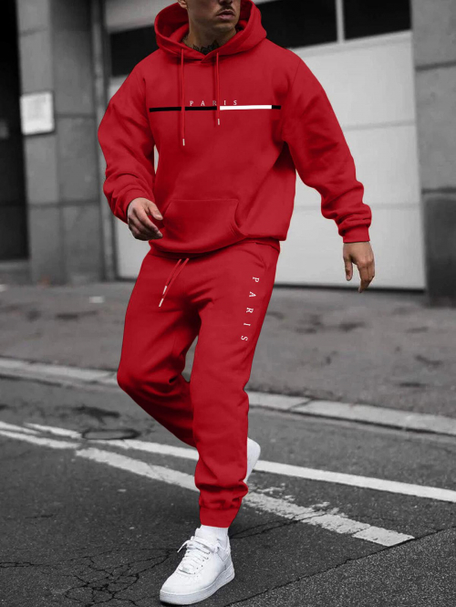 ZAFUL Men's Men's PARIS Letter Pattern Fuzzy Fleece-lined Kangaroo Pocket Design Pullover Hoodie and Drawstring Jogger Sweat Pants Set Red