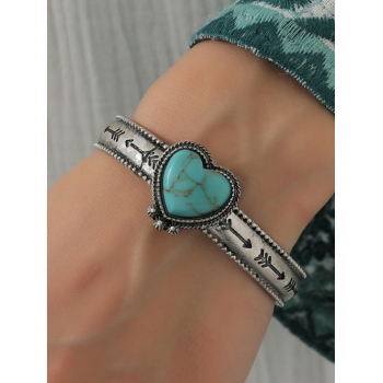 Unisex Western Style Heart Shaped Turquoise Arrow Engraved Cuff Bracelet For Men and Women