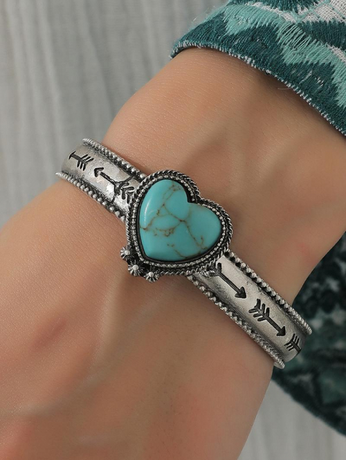 Unisex Western Style Heart Shaped Turquoise Arrow Engraved Cuff Bracelet For Men and Women