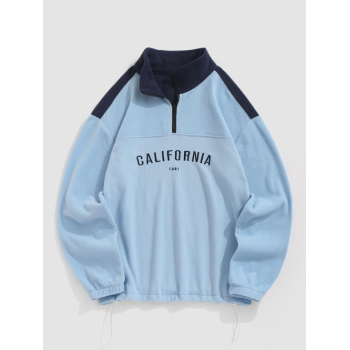 ZAFUL Men's Men's CALIFORNIA Letter Embroidered Colorblock Fuzzy Polar Fleece Quarter Zip Design Sweatshirt M Blue