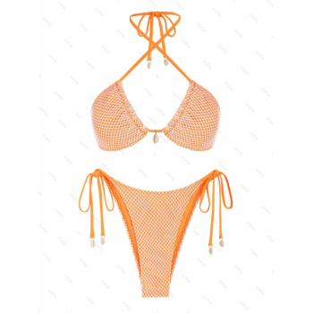 ZAFUL Women's Matching Multiway Contrast Fishnet Tie Convertible Collar Halter Bandeau Shell Decorated Tie Side Tanga Two Piece Bikini Swimwear S Oran