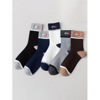 ZAFUL 5Pairs Warmth Absorb Sweat Colorblock Chinese Characters Embroidered Crew Socks