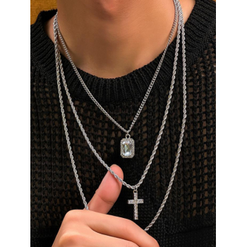 Men's Hip-hop Style 3Pcs Multilayer Rhinestone Cross Pendant Chain Necklaces