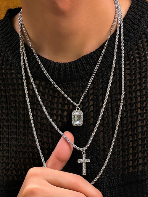 Men's Hip-hop Style 3Pcs Multilayer Rhinestone Cross Pendant Chain Necklaces