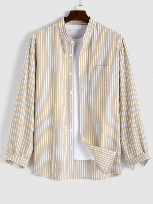 ZAFUL Men's ZAFUL Men's Long Sleeves Vertical Striped Stand Collar Casual Shirt L Light coffee