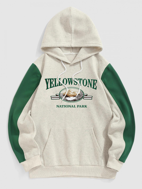 ZAFUL Men's ZAFUL Men's YELLOWSTONE NATIONAL PARK Letter Mountain Pattern Fleece-lined Kangaroo Pocket Pullover Hoodie Xxl Light gray