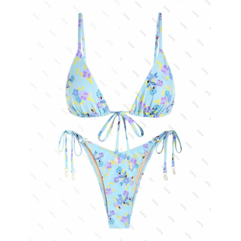 ZAFUL Women's Mermaidcore Shell Embellished Floral Print Spaghetti Strap Tie Triangle String Bikini Set Matching Two Piece Swimwear L Light blue