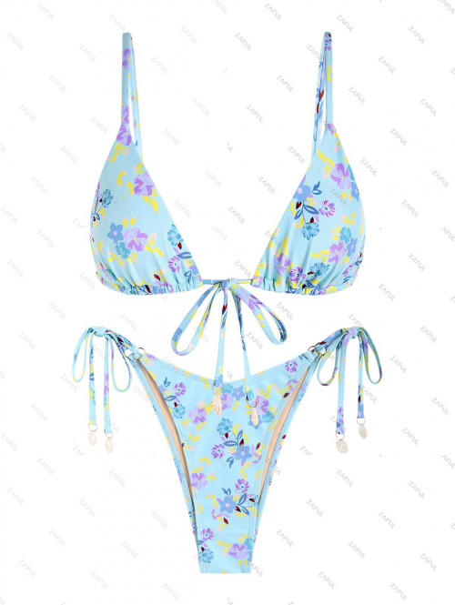 ZAFUL Women's Mermaidcore Shell Embellished Floral Print Spaghetti Strap Tie Triangle String Bikini Set Matching Two Piece Swimwear L Light blue