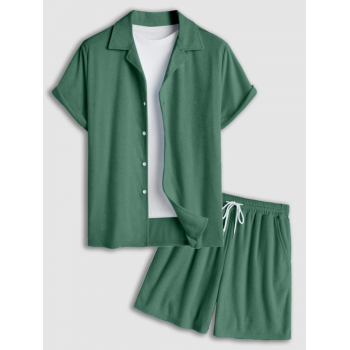 ZAFUL Men's Men's Solid Color Lapel Collar Terry Cloth Button Front Short Sleeves Shirt and Terry Cloth Drawstring Casual Shorts Set Deep green