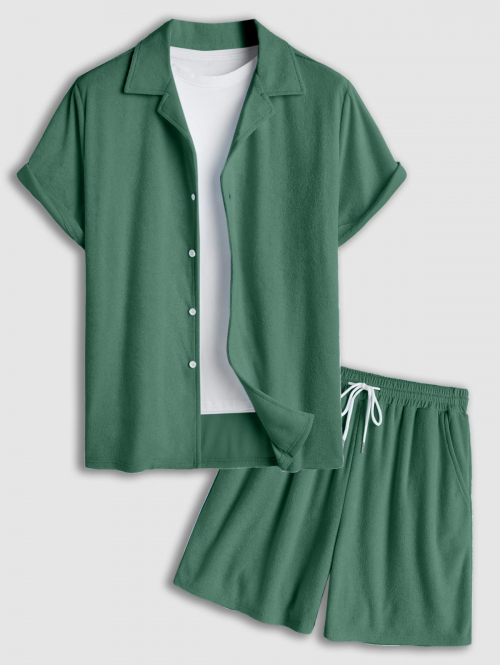 ZAFUL Men's Men's Solid Color Lapel Collar Terry Cloth Button Front Short Sleeves Shirt and Terry Cloth Drawstring Casual Shorts Set Deep green