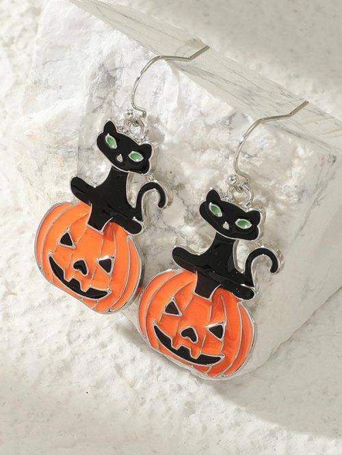 Cute Earrings Women's Halloween Black Cat Pumpkin Pendant Hook Drop Earrings By ZAFUL