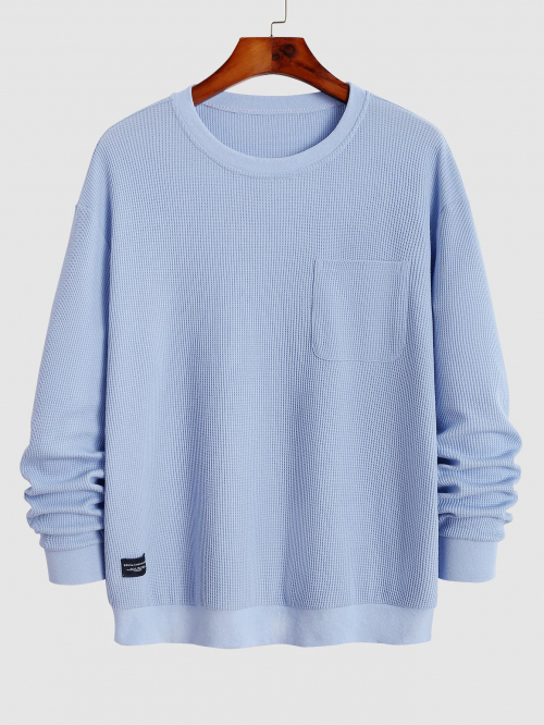 ZAFUL Men's ZAFUL Men's Minimalist Style Solid Color Textured Ribbed Crew Neck Front Pocket Design Pullover Sweatshirt S Light blue