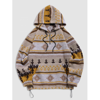 ZAFUL Men's ZAFUL Men's Ethnic Aztec Print Fleece Toggle Drawstring Zip Placket Kangaroo Pocket Pullover Hoodie L Coffee