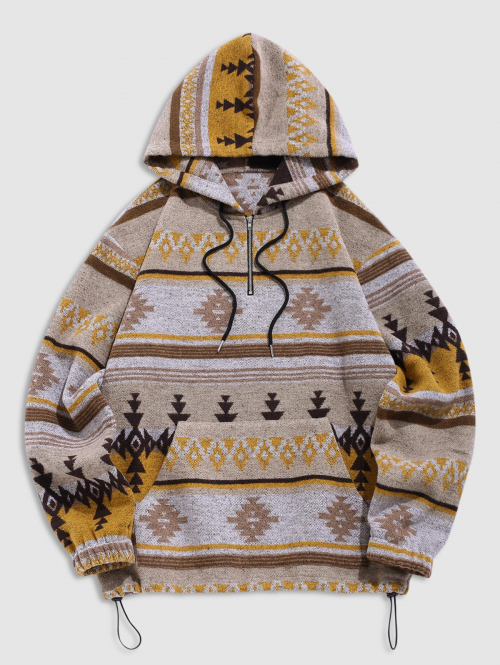 ZAFUL Men's ZAFUL Men's Ethnic Aztec Print Fleece Toggle Drawstring Zip Placket Kangaroo Pocket Pullover Hoodie L Coffee