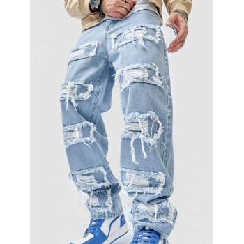 ZAFUL Men's Men's Streetwear Daily Frayed Ripped Distressed Shredded Destroyed Design Light Wash Loose Straight Leg Jeans 32 Light blue