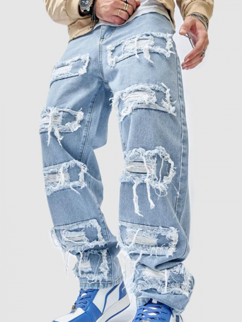 ZAFUL Men's Men's Streetwear Daily Frayed Ripped Distressed Shredded Destroyed Design Light Wash Loose Straight Leg Jeans 32 Light blue