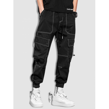 ZAFUL Men's Men's Solid Color Multi-pockets Topstitching Design Beam Feet Drawstring Streetwear Cargo Pants L Black