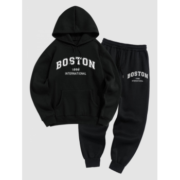 ZAFUL Men's Men's Daily Casual Letter BOSTON Graphic Print Drawstring Front Kangaroo Pocket Thermal Fleece Lined Pullover Hoodie and Jogger Sweatpants