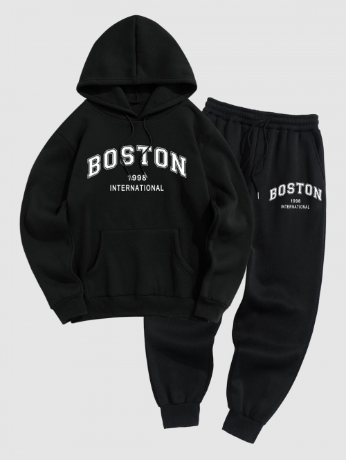 ZAFUL Men's Men's Daily Casual Letter BOSTON Graphic Print Drawstring Front Kangaroo Pocket Thermal Fleece Lined Pullover Hoodie and Jogger Sweatpants