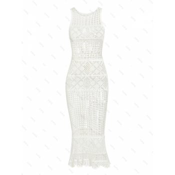 Women's Round Neck Sexy See Through Openwork Crochet Knitted Sleeveless Side Midi Swimwear Cover Up Dress L White