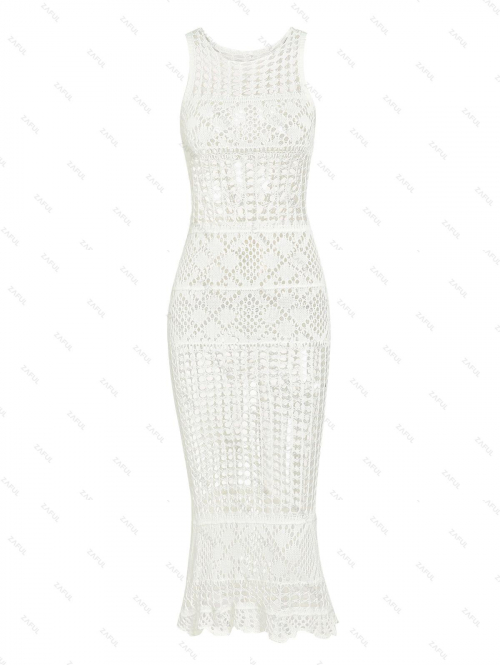 Women's Round Neck Sexy See Through Openwork Crochet Knitted Sleeveless Side Midi Swimwear Cover Up Dress L White