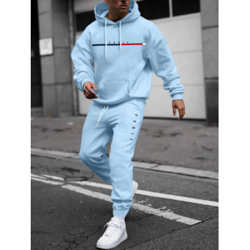 ZAFUL Men's Men's PARIS Letter Pattern Fuzzy Fleece-lined Kangaroo Pocket Design Pullover Hoodie and Drawstring Jogger Sweat Pants Set Light blue