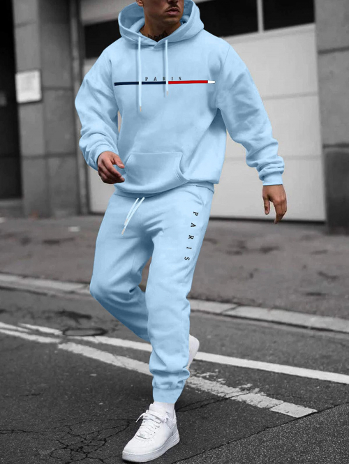 ZAFUL Men's Men's PARIS Letter Pattern Fuzzy Fleece-lined Kangaroo Pocket Design Pullover Hoodie and Drawstring Jogger Sweat Pants Set Light blue