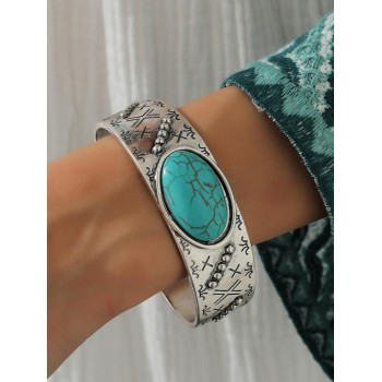 Unisex Western Style Ethnic Turquoise Cross Engraved Beading Decorated Cuff Bracelet For Men and Women