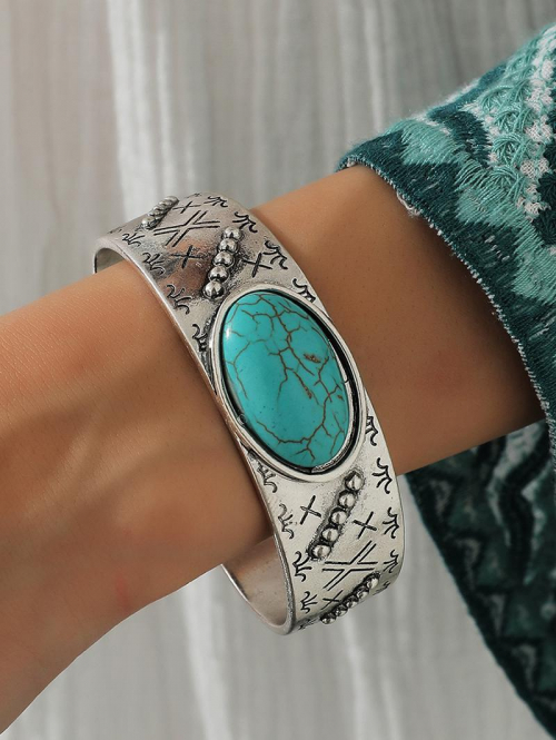 Unisex Western Style Ethnic Turquoise Cross Engraved Beading Decorated Cuff Bracelet For Men and Women