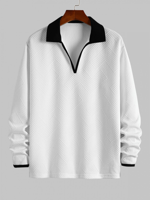 ZAFUL Men's ZAFUL Men's Basic Style Textured Color Spliced V-neck Pullover Sweatshirt L White