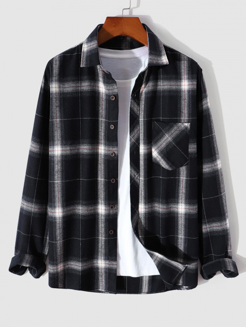 ZAFUL Men's Men's Casual Daily Layering Button Up Long Sleeve Plaid Front Pocket Shirt M Black