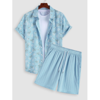 ZAFUL Men's Men's Fresh Style Flowers Printed Striped Textured Button Front Short Sleeves Shirt and Drawstring Shorts Cottagecore Set L Light blue