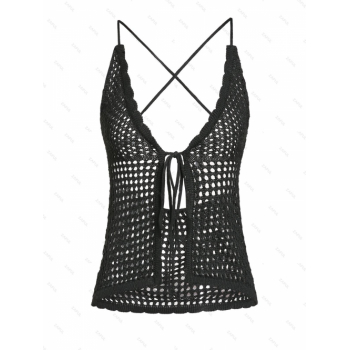 Women Beach Women's Sexy Cover Up Solid Color Criss Cross Open Back Tie Front Crochet Open Knit Beach Tank Top M Black