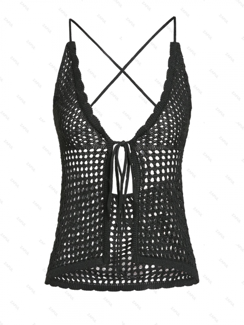 Women Beach Women's Sexy Cover Up Solid Color Criss Cross Open Back Tie Front Crochet Open Knit Beach Tank Top M Black