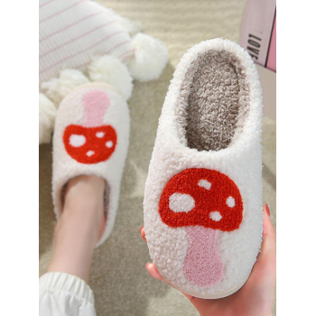 Women Couple Daily Indoor Home Mushroom Pattern Fluffy Fuzzy Furry Textured Warm Winter Thermal Fleece Lined Anti-slip House Slippers for Women and Me