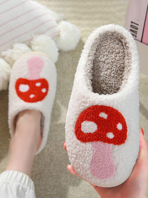 Women Couple Daily Indoor Home Mushroom Pattern Fluffy Fuzzy Furry Textured Warm Winter Thermal Fleece Lined Anti-slip House Slippers for Women and Me