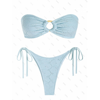 ZAFUL Women's Sexy Matching Two Piece Swimwear Solid Color Eyelet O Ring Tie Side High Leg Bandeau Lace Up Tanga Bikini Set S Light blue