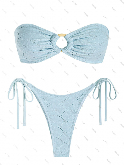 ZAFUL Women's Sexy Matching Two Piece Swimwear Solid Color Eyelet O Ring Tie Side High Leg Bandeau Lace Up Tanga Bikini Set S Light blue