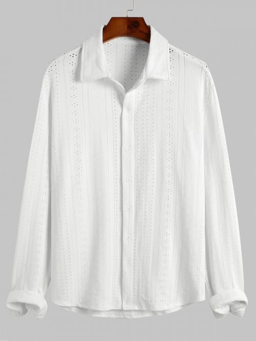 ZAFUL Men's ZAFUL Men's Plain Color See-through Openwork Design Button Front Long Sleeves Shirt S White