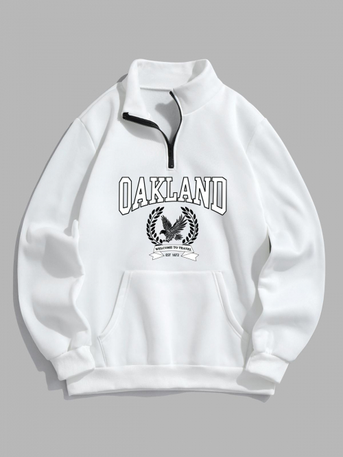 ZAFUL Men's Men's OAKLAND Eagle Printed Quarter Zip Stand Collar Kangaroo Pocket Thermal Fleece-lined Pullover Sweatshirt L White