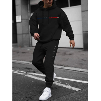 ZAFUL Men's Men's PARIS Letter Pattern Fuzzy Fleece-lined Kangaroo Pocket Design Pullover Hoodie and Drawstring Jogger Sweat Pants Set Black