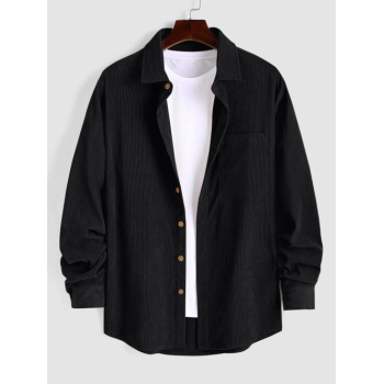 ZAFUL Men's Men's Plain Color Front Pocket Design Button Down Long Sleeves Corduroy Shirt M Black